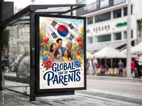 Global day of parents poster with south korean flag and family
