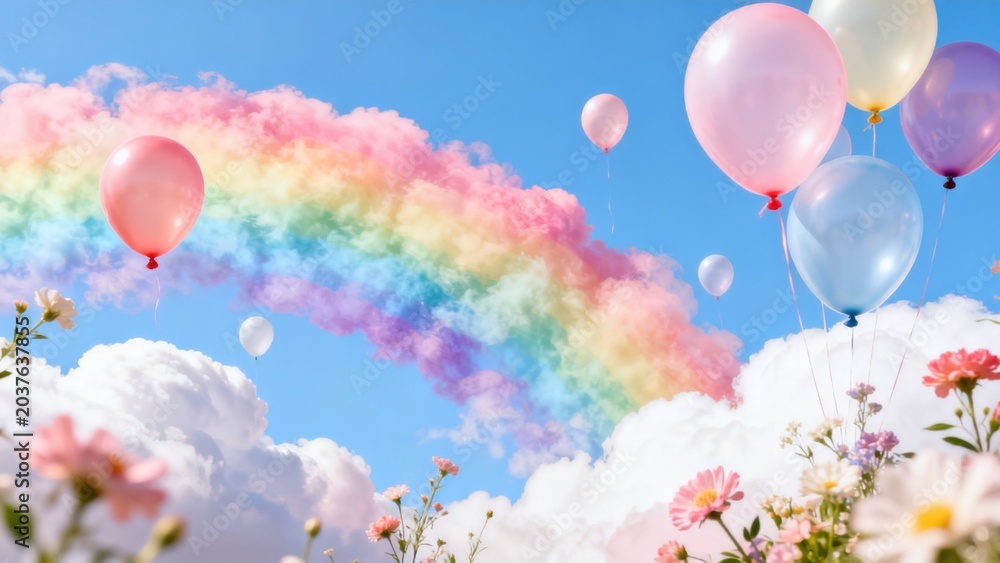 Fototapeta premium Balloons and rainbow in sky