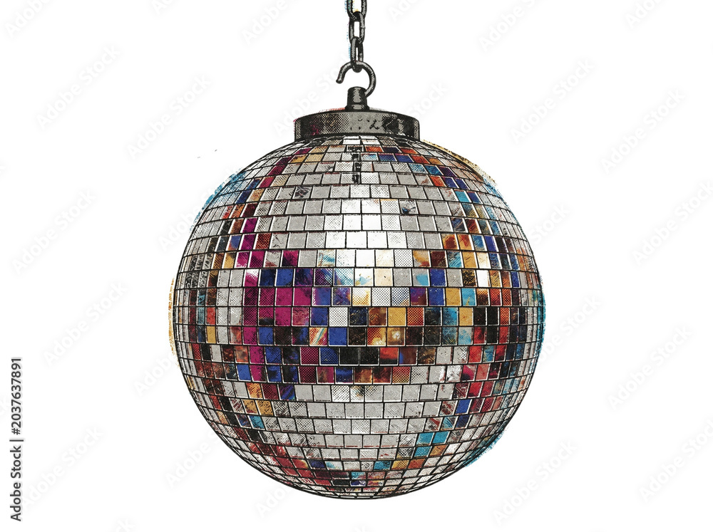Fototapeta premium Vibrant disco ball with colorful reflective facets hanging from a chain, ready for a party atmosphere.