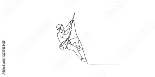 Foto A person wearing a harness and helmet climbing up a rope in a continuous line dr