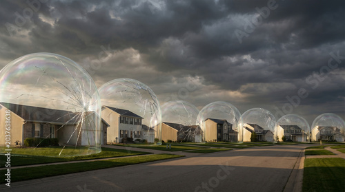 Surreal image of suburban homes encased in transparent bubbles under dramatic cloudy skies, symbolizing the real estate bubble concept