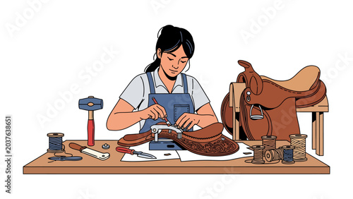 Tableau sur toile Artisan at Work: A skilled artisan meticulously crafts a saddle at a workbench, surrounded by tools and materials, showcasing dedication to traditional craftsmanship