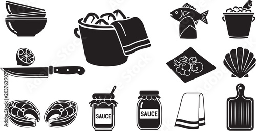 Black and white kitchen utensil icons illustration set