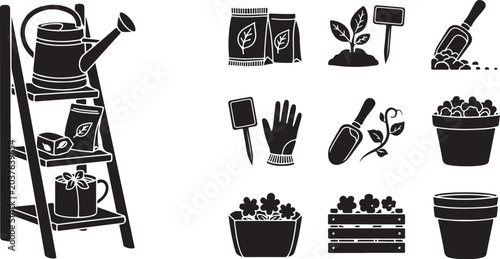 Gardening tools and equipment on a ladder illustration