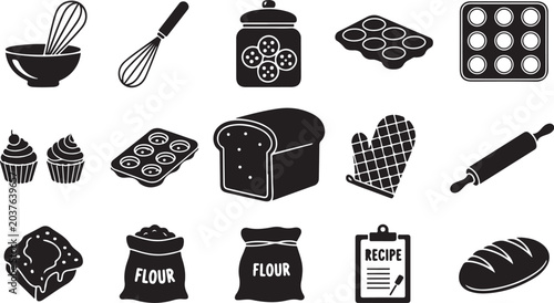 Baking icons and kitchen utensils for cooking recipes
