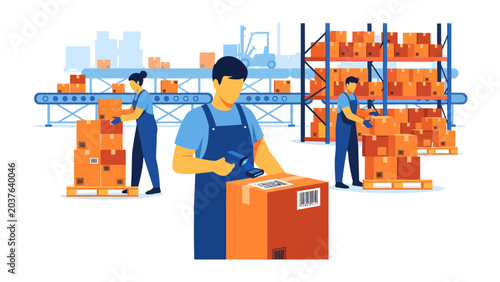 Foto Warehouse Operation: Workers are shown engaged in the organized process of sorting, scanning, and moving packages within a bustling warehouse environment