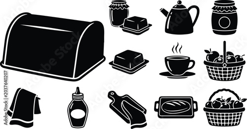 Black and white kitchen utensil icons illustration set