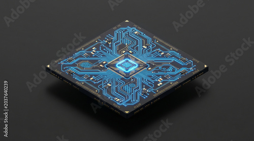 Slika na platnu Blue circuit board with glowing lines on dark background