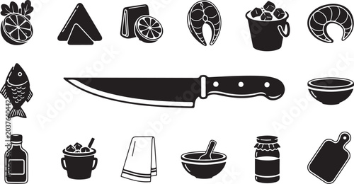 Kitchen Utensils and Food Icons in Black White