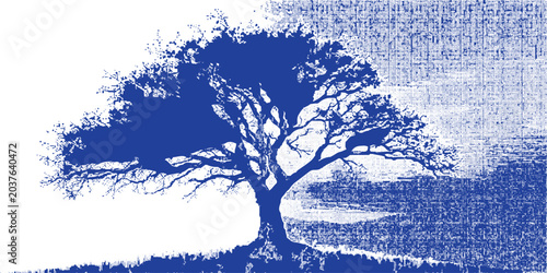 Snowy hill tree in fog winter forest landscape vector illustration black and white nature sketch of tree branches in cold season