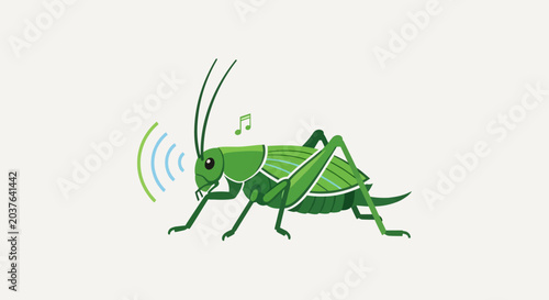 Φωτογραφία Green Grasshopper Chirping with Sound Waves and Music Notes