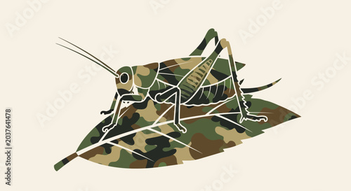 Fotografie Camouflage Grasshopper Perched on Leaf, Military Style Insect Illustration