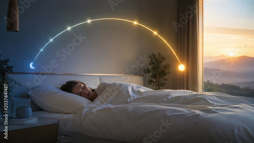 woman sleeping under circadian rhythm light in bedroom