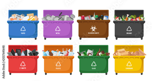 Recycling bins set. Garbage containers. Set of vector cartoon cliparts isolated on white background.