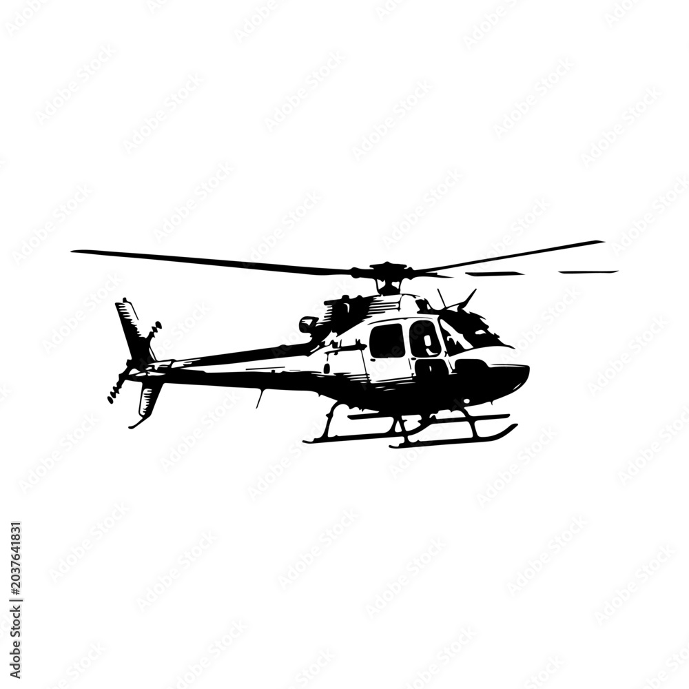 Fototapeta premium Black and White Silhouette of a Modern Helicopter in Flight.
