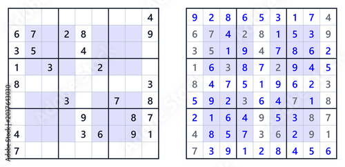 Konstfotografi Sudoku puzzles in progress with a solved version on the right side, grid layout