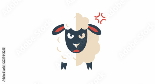 Bild auf Leinwand Angry Sheep Cartoon Character with Grumpy Face and Red Angry Symbol