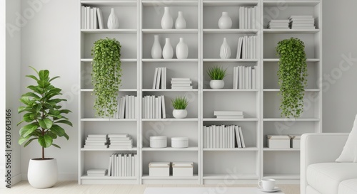 Modern white bookshelf with plants and decorative items in a living room