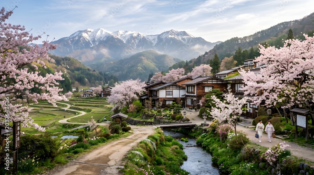 Fototapeta premium Picturesque rural village path surrounded by blooming pink cherry blossom trees with snow-capped mountains in the background