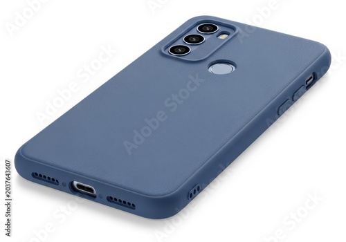 Blue silicone phone case with camera cutouts on a plain surface