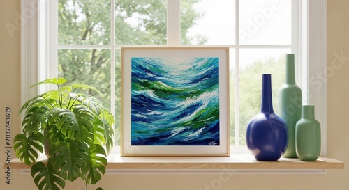 Abstract ocean waves painting on windowsill with vases and plant