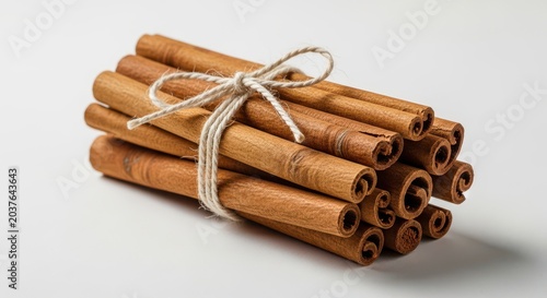 Bundle of cinnamon sticks tied together with a string on a table