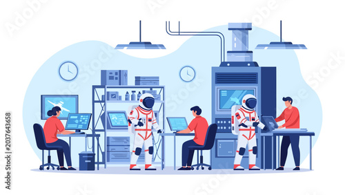 Canvastavla Astronaut Training Facility: A modern astronaut training facility where individuals in spacesuits and civilian attire engage in technical simulations and research, preparing for space exploration