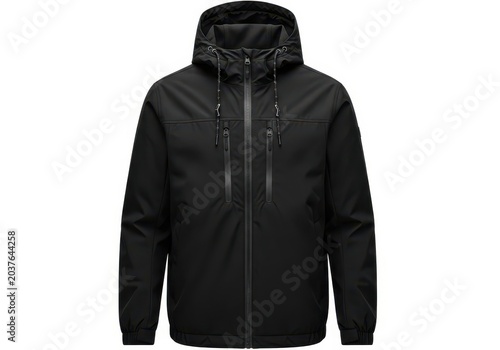 Black hooded jacket with zipper and drawstrings, front view