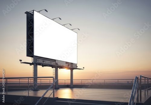 Blank billboard by the water at sunset with a clear sky