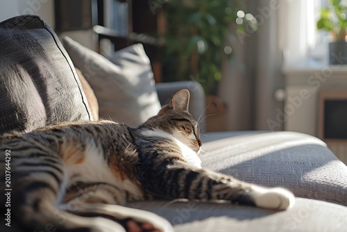 cat stretching on sofa in modern apartment, soft morning light, minimal interior, calm lifestyle moment, clean composition, high detail