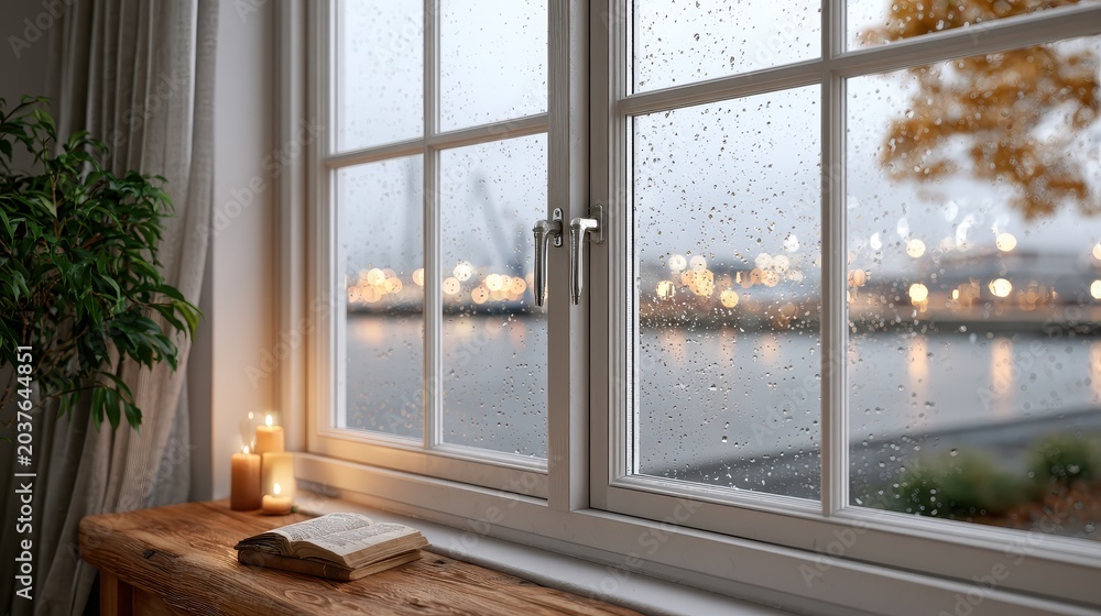Fototapeta premium A window shows condensation with blurred city lights outside; a candle glows beside a plant, creating a cozy atmosphere