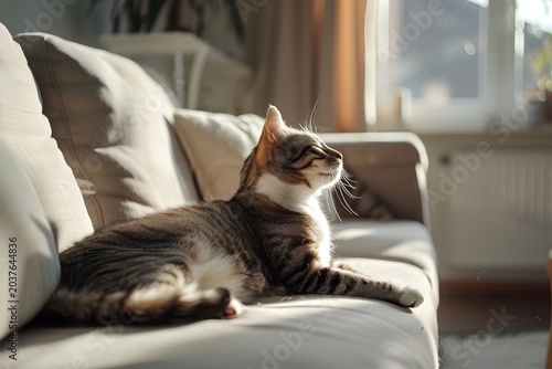 cat stretching on sofa in modern apartment, soft morning light, minimal interior, calm lifestyle moment, clean composition, high detail