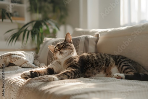 cat stretching on sofa in modern apartment, soft morning light, minimal interior, calm lifestyle moment, clean composition, high detail