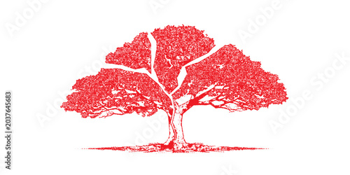 Tableau sur toile Red tree with heart shaped red leaves on white background watercolor style roman