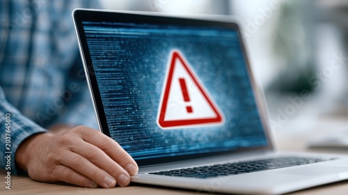 Close-up of a laptop screen shows a cybersecurity warning in a dark space with blue tones. The background is blurred