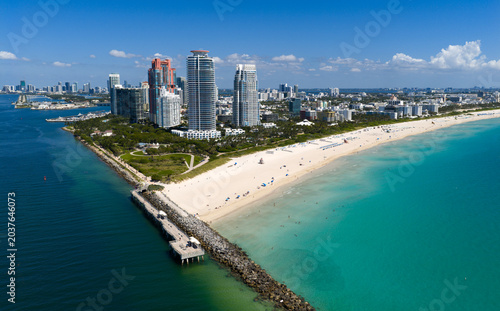Photography Aerial view of Miami city by the coast