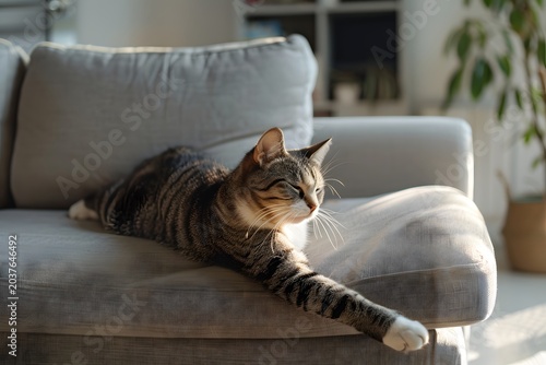 cat stretching on sofa in modern apartment, soft morning light, minimal interior, calm lifestyle moment, clean composition, high detail