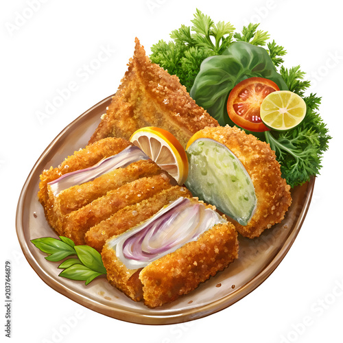Crispy fried food assortment with lemon and vegetable garnishes on a plate. Displaying diverse Japanese cuisine dishes with fresh vegetables and citrus.