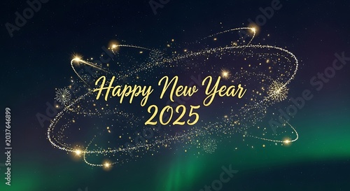 New Year 2025 glittering text on dark cosmic background.