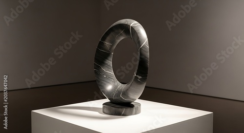 Modern sculpture on white pedestal indoors.