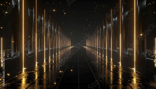 Futuristic, dark tunnel with glowing gold columns and reflective floor