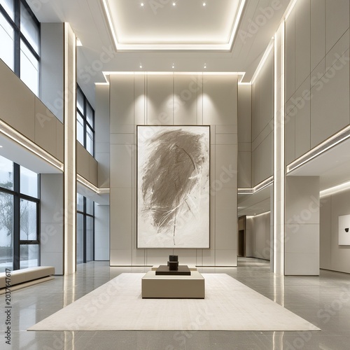 Luxury modern double height entrance lobby with large abstract painting on central wall and central seating area in contemporary corporate building interior