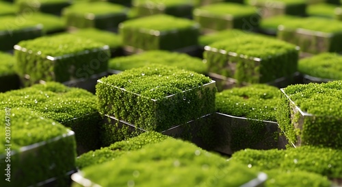 Moss covered square blocks in grid.