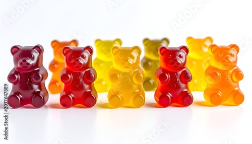 Colorful gummy bear candies of assorted shades, grouped together on a bright white surface