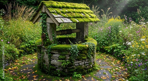 Mossy old well in garden.