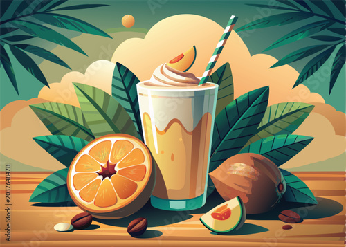 A glass of peach iced smoothie with tropical leaves and fruits