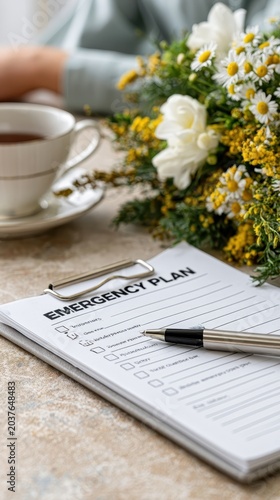 A checklist for an emergency plan with checked items lies on a table next to a pen and flowers in a bowl, showing readiness