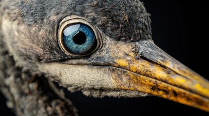 Close-up of a bird's head, likely an immature cormorant, studio shot