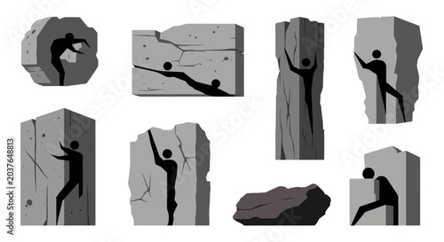 Rock Climbing Set - Silhouetted Climbers on Textured Grey Rocks