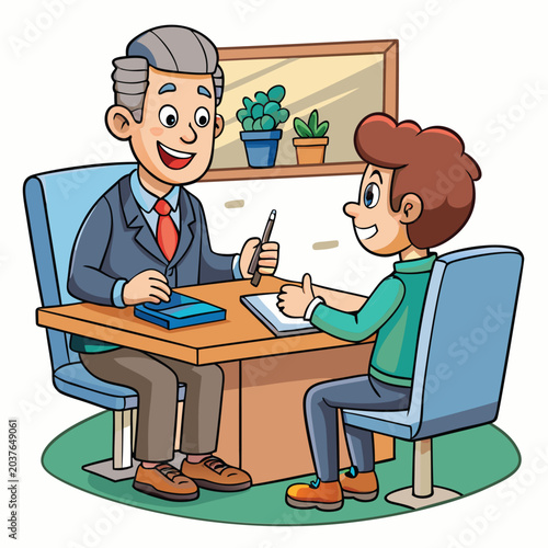 Man and boy sitting at a table in a meeting